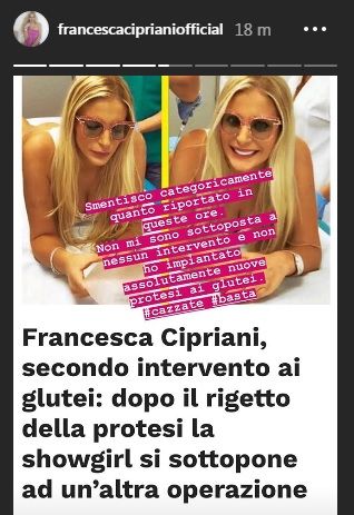 francesca cipriani smentita secondo intervento ai glutei 