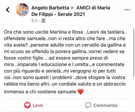 angelo barbetta post facebook difende samuele