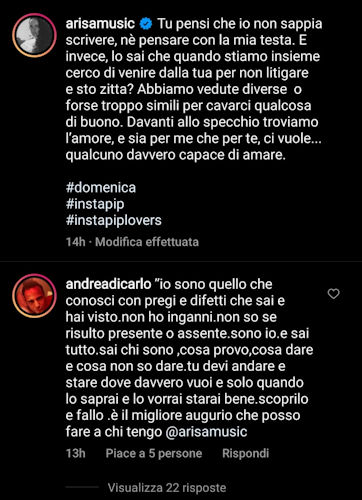 arisa instagram messaggio di carlo