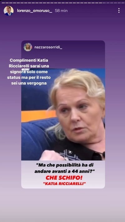Lorenzo Amoruso storia Instagram contro Katia Ricciarelli