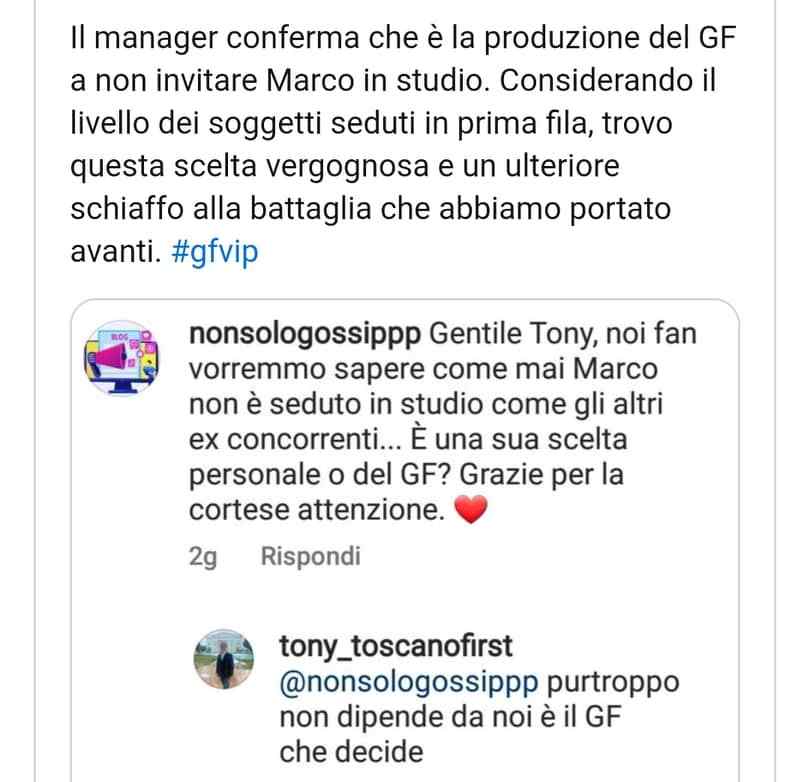 Marco Bellavia non presente al GF Vip