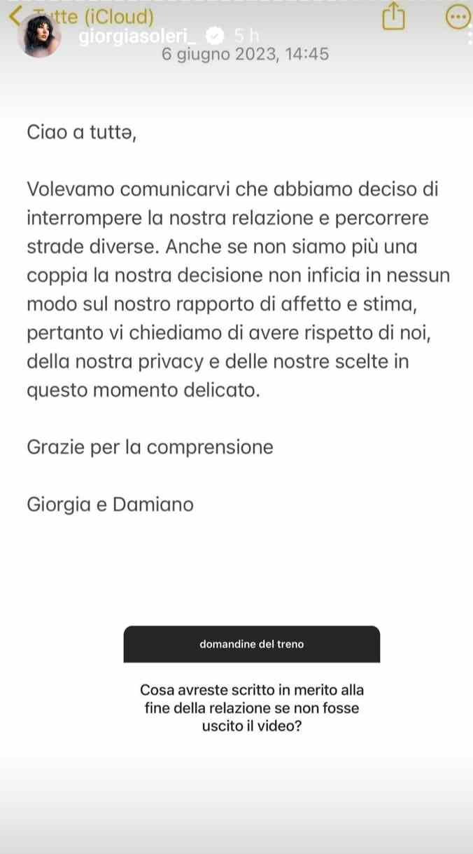 Comunicato rottura - giorgia soleri - damiano