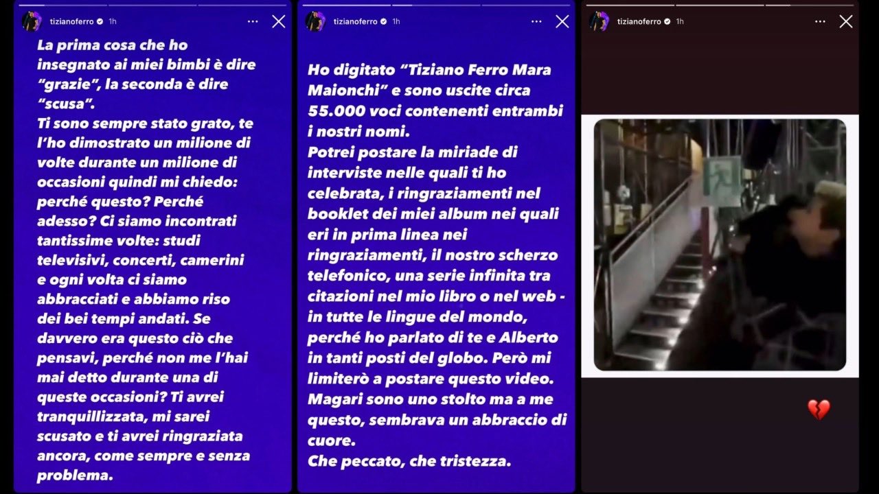 Stories Instagram di Tiziano Ferro in risposta alle dichiarazioni di Mara Maionchi a Belve
