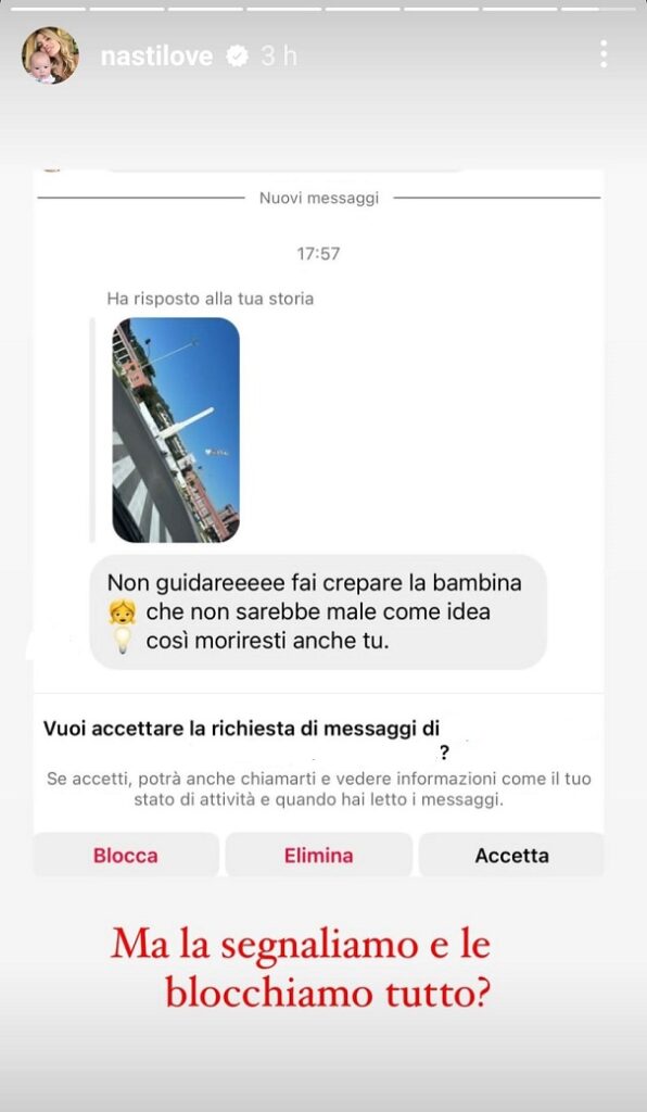 Chiara Nasti condivide il messaggio ricevuto da una hater