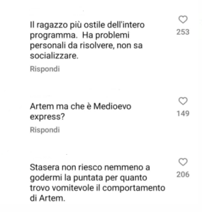 Il web critica il comportamento di Artem