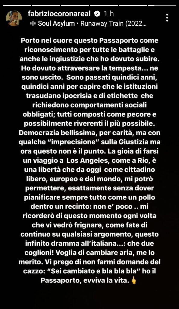 Fabrizio Corona riottiene il suo passaporto