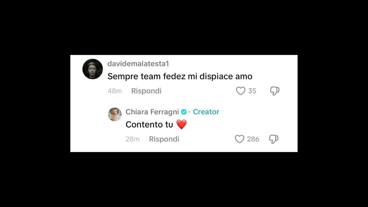 Chiara ferragli risponde al fan che rimpiange Fedez