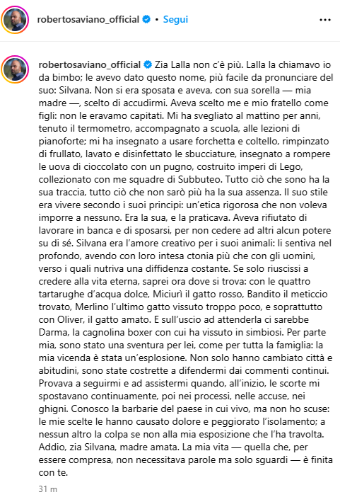 Roberto Saviano post sulla morte della zia