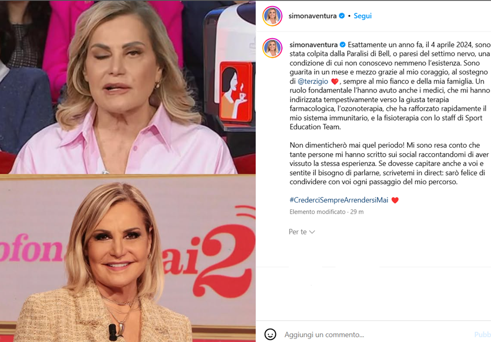 Simona Ventura post su Paralisi di Bell