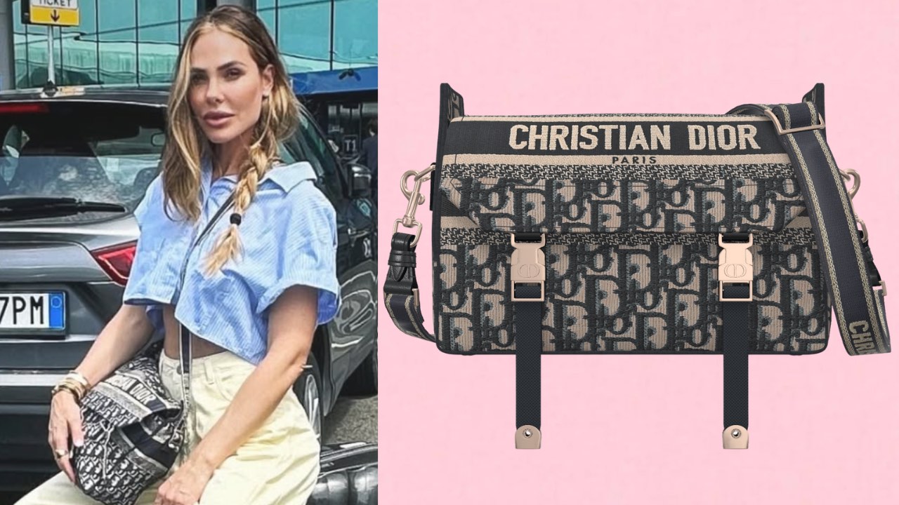 Ilary Blasi con camicia crop azzurra e borsa Diorcamp Oblique blu all’aeroporto di Fiumicino