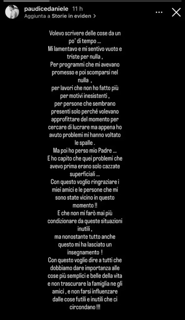 Daniele Paudice storia Instagram
