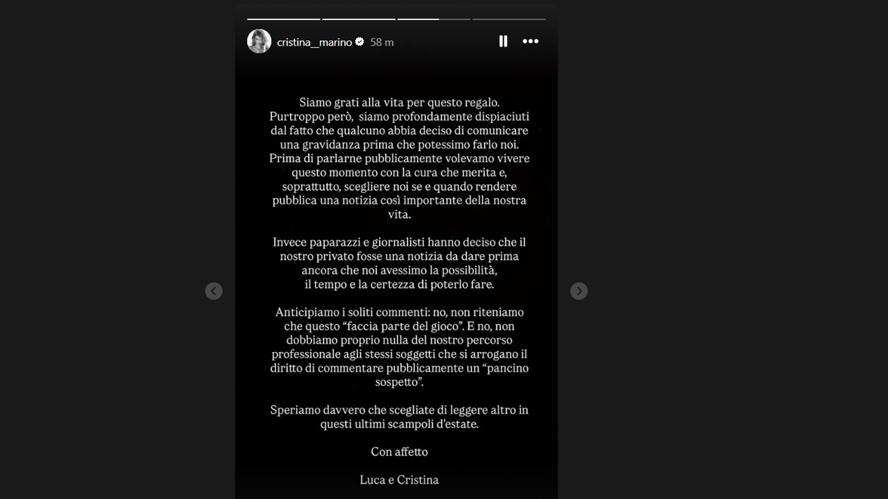 Cristina Marino e Luca Argentero, messaggio Ig